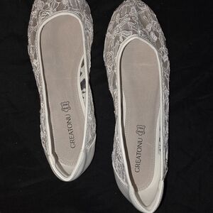 Greatonu Women's White Lace Flats